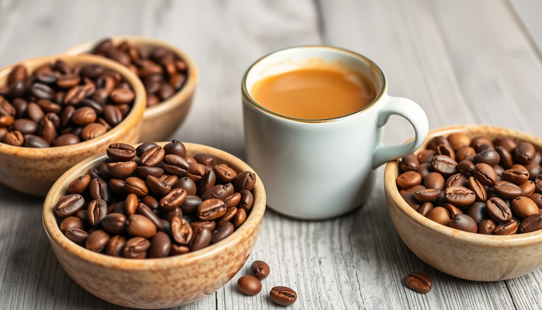 Frische Kaffeebohnen in Schalen und Tasse mit Kaffee, beste Kaffeebohnen 2026 Genuss und Qualität