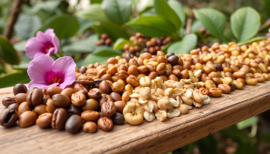 Verschiedene Rohkaffee-Bohnen in unterschiedlichen Reife- und Verarbeitungsstadien auf Holzbrett mit Blumen und grünem Hintergrund, Kaffee-Bohnen Auswahl 2026.