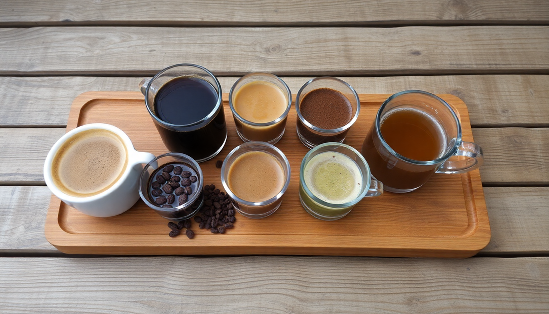 Verschiedene Kaffeesorten und Getränke auf Holztablett mit schonend geröstetem Kaffee und Espressosorten