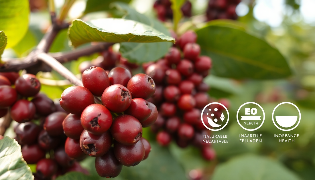 Nahaufnahme roter Kaffeekirschen am Zweig mit Nachhaltigkeitssiegeln für Premium Kaffee 2026