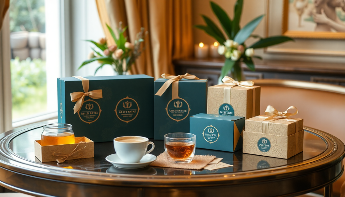 Elegante Tee Geschenkboxen 2026 mit stilvoller Verpackung und verschiedenen Teesorten auf Holztisch