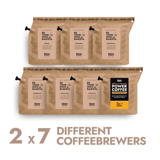 Kaffeebohnen Probierpaket mit 14 verschiedenen Single Origin Coffeebrewers aus sieben Ländern für exklusive Kaffee Weltreise