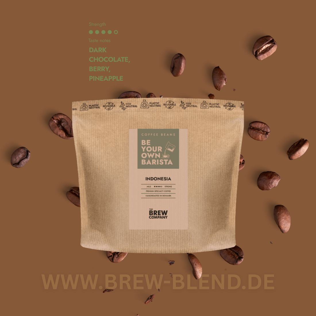 Indonesia Arabica Java Kaffeebohnen Brew Blend Kaffeebohnen in nachhaltiger Verpackung mit dunklen Schokoladen- und Beerennoten