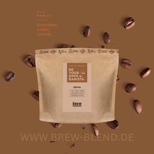 Kenya Arabica Kaffeebohnen Blue Mountain mit fruchtigen Noten von Brombeere, Kirsche und karamell, nachhaltig verpackt