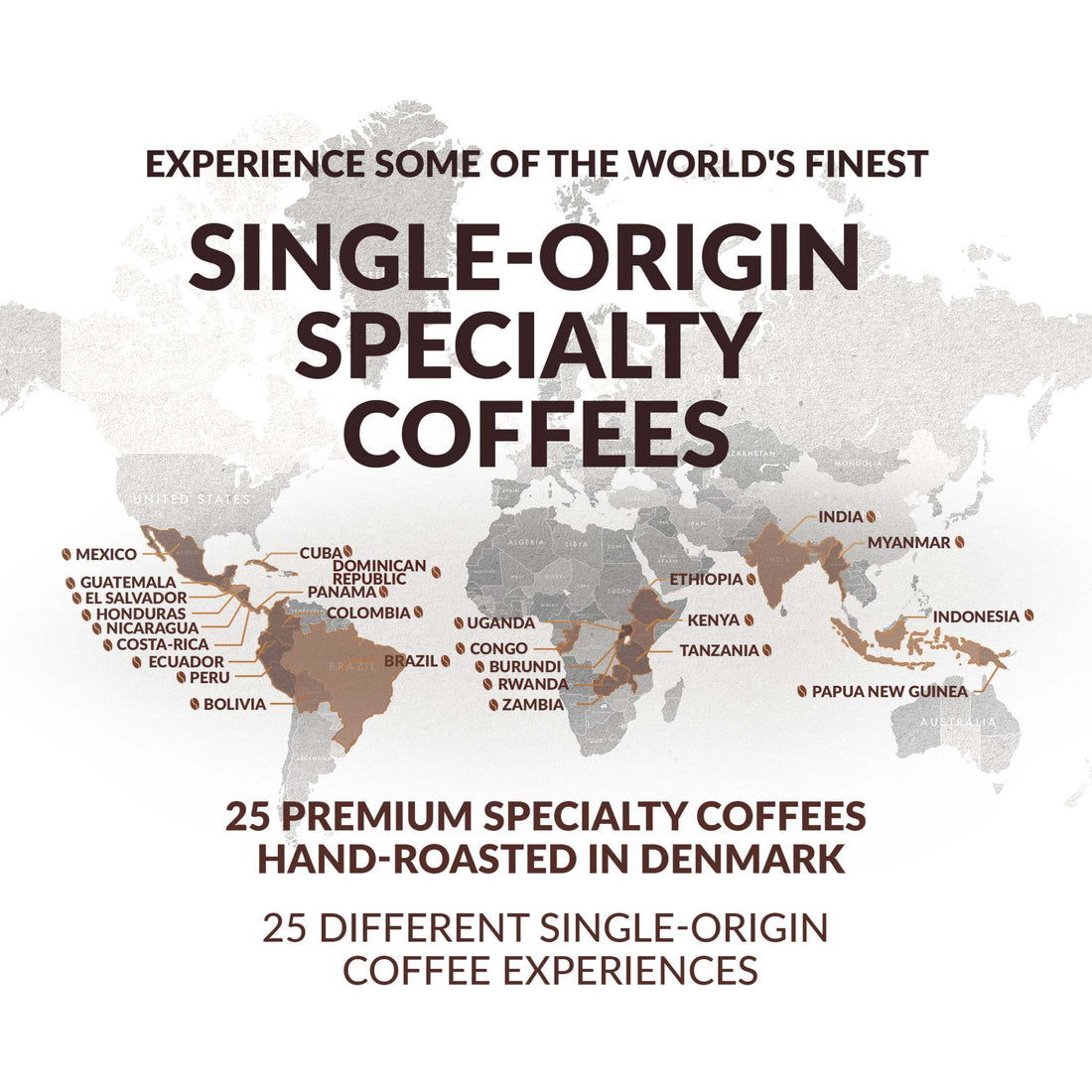 Map showing global origins of 25 premium single-origin specialty coffees hand-roasted by The Brew Company in Denmark