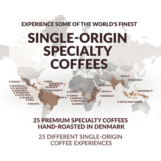 Map showing global origins of 25 premium single-origin specialty coffees hand-roasted by The Brew Company in Denmark