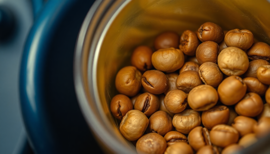 Nahaufnahme von Kaffeebohnen in einer Kaffeemühle zum Thema Kaffeemühle reinigen und perfekte Kaffee-Mahlung mit Grindz.