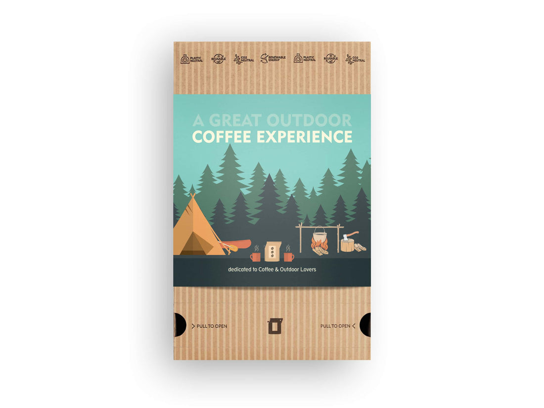 Kaffee-Präsentkorb mit Outdoor-Camping-Motiv und Kaffeebohnen für Kaffeeliebhaber